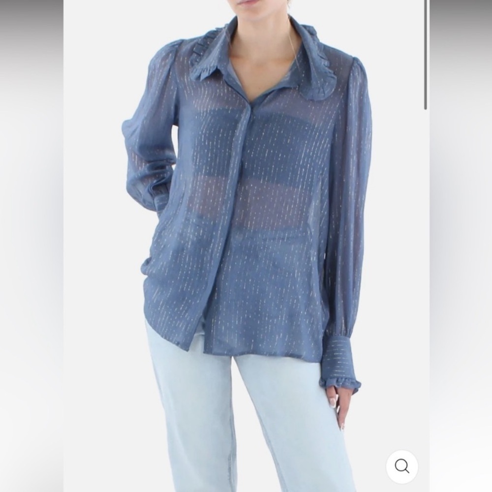 NWT 7 For All Mankind Blue Gold Metallic Stripe Silk Blend Sheer Button Down S